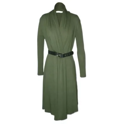 Knitwear for Every Body: How to Dress for Work, Weekends & Beyond 4 Coat Dress in Olive - Front Belted view