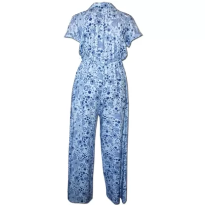 Rear detail of a Blue Floral Jumpsuit with short sleeves