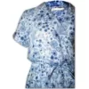 Close up showing the print detail on a Blue floral jumpsuit for women