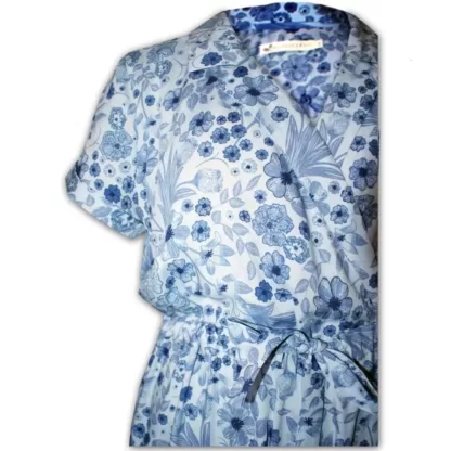 Close up showing the print detail on a Blue floral jumpsuit for women