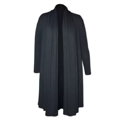 Open style charcoal dress coat styled without a belt