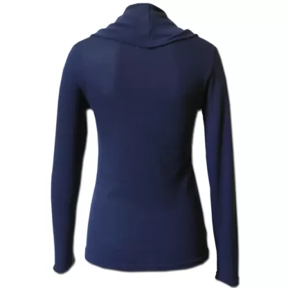 rear view of a navy cowl neck jersey showing the waistline detail and sleeves