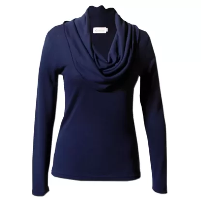 Navy cowl neck jersey with long sleeves and semi fitted waistline