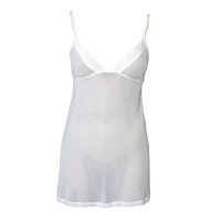 Babydoll style camisole made from a transluscent stretch mesh fabric, with A style cups and an A line bodice that is hip length with adjustable spaghetti straps in white. Front view