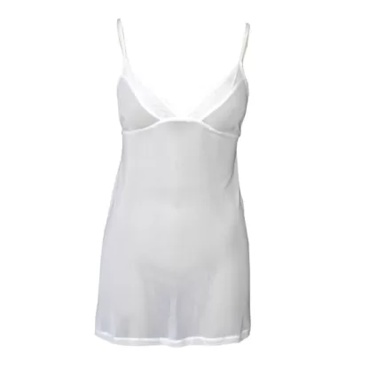 Babydoll style camisole made from a transluscent stretch mesh fabric, with A style cups and an A line bodice that is hip length with adjustable spaghetti straps in white. Front view