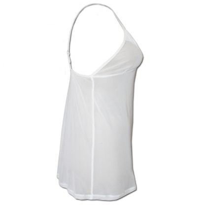 Side view of a hip length white Babydoll camisole top