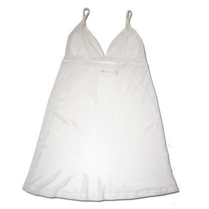 Babydoll style camisole made from a transluscent stretch mesh fabric, with A style cups and an A line bodice that is hip length with adjustable spaghetti straps in white. Flat front view