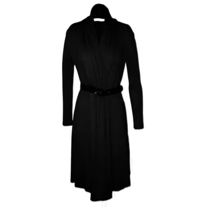 Long sleeve black dress coat styled with a belt