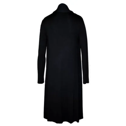 Back view of a black dress coat created by Nucleus clothing in Cape Town