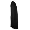 Side view of a loose fitting black dress coat with long sleeves
