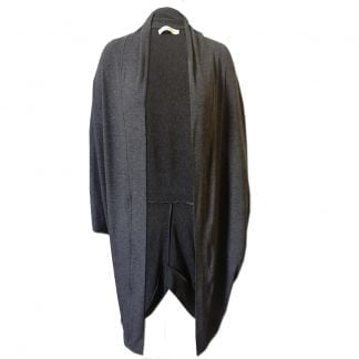 A cocoon style loose fitting knit cardigan in Charcoal Melange front open view.