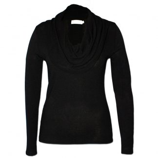 A semi-fitted knit jersey with a draped cowl neck in black. Long sleeves and hip length.