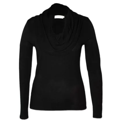 A semi-fitted black cowl neck jersey with long sleeves for women