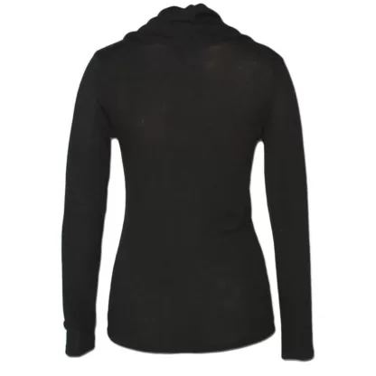 Back view showing the waistline detail of a cowl neck jersey