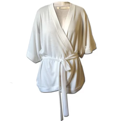 A beautiful knit wrap cardigan in white, with kimono like sleeves and a fabric tie belt with a curved front hem.