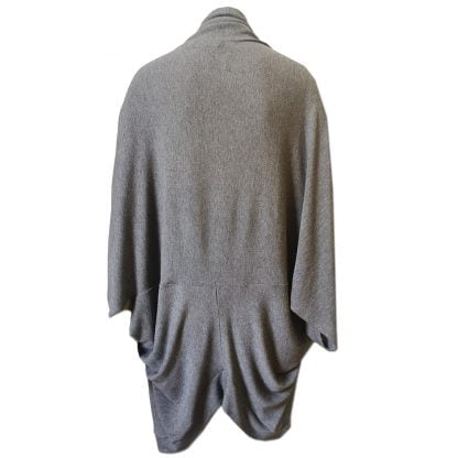 Rear view of a loose fitted grey melange cocoon cardigan