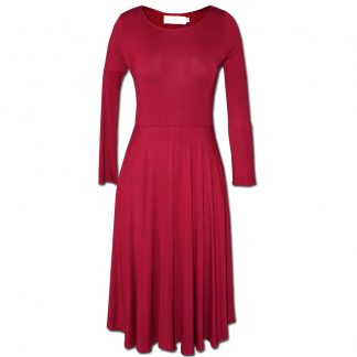 The Nucleus Dance Dress in Wine is a fitted torso long sleeve dress with a full circle skirt and side pockets. Front View Image