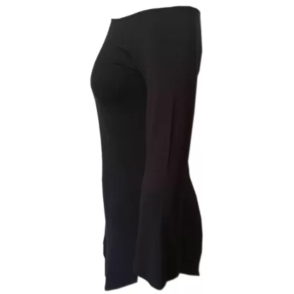 Side view of a black bare shoulder top with long sleeves and a round neck