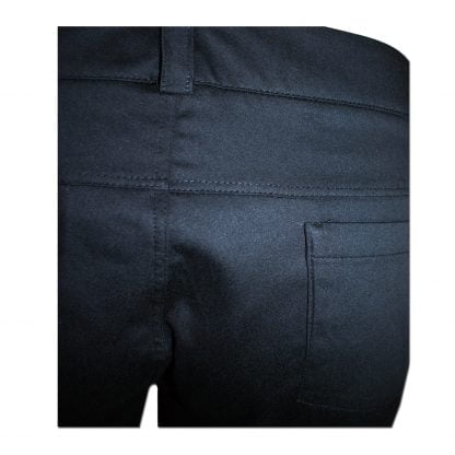 Nucleus Black Chinos. Made from a cotton stretch twill. With front side pockets, back patch pockets and a hem turnover. Belt loops and Hook and bar waistband closure with a fly front. Back pocket view.