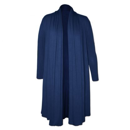 Nucleus Navy Coat Dress styled without a beltength and made from a stretch Knit fabric. Front Open View