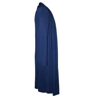 Side view of a Navy coat dress by Nucleus clothing a Dress wrapped around with a belt. Shaw Collar and long Sleeves. Midi Length and made from a stretch Knit fabric. Side Open View