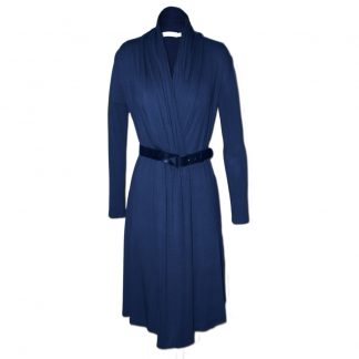 Nucleus Coat Dress in Navy, Wear as a Coat or a Dress wrapped around with a belt. Shaw Collar and long Sleeves. Midi Length and made from a stretch Knit fabric. Front Wrapped View
