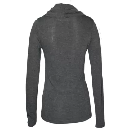 Nucleus Cowl Neck Jersey is a long sleeve knit top that is slightly fitted and falls to the hip. It has a draped cowl neck design feature. Back View