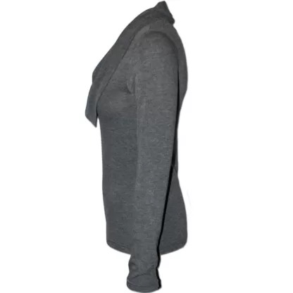 Nucleus Cowl Neck Jersey is a long sleeve knit top that is slightly fitted and falls to the hip. It has a draped cowl neck design feature. Side View