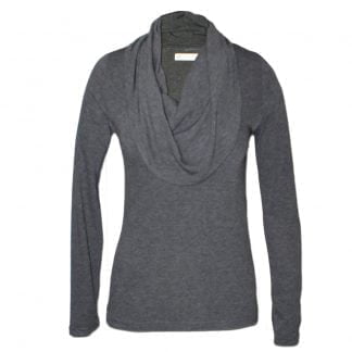 Nucleus Cowl Neck Jersey is a long sleeve knit top that is slightly fitted and falls to the hip. It has a draped cowl neck design feature. Front View