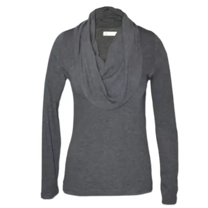 Knitwear for Every Body: How to Dress for Work, Weekends & Beyond 2 Nucleus Charcoal Melange Cowl Neck Jersey with long loose sleevess slightly fitted and falls to the hip. It has a draped cowl neck design feature. Front View