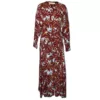 The Everywhere Maroon Maxi Dress with printed leevesat pulls the dress together with a tie in front. The front neck is bordered with same fabric facing and the long skirt has a centred small slit at the bottom. It as long sleeves. Front view