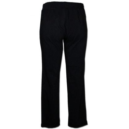 Jogger Chinos in Black made from a thick stretch fabric with an elasticated waist with pull tie. front pockets and a straight leg with a hem turn-up. Back view