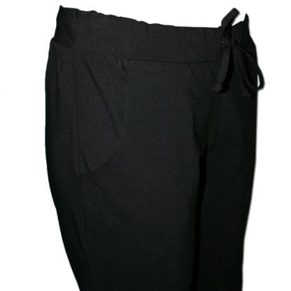 Jogger Chinos in Black made from a thick stretch fabric with an elasticated waist with pull tie. front pockets and a straight leg with a hem turn-up. Front Side Close up view