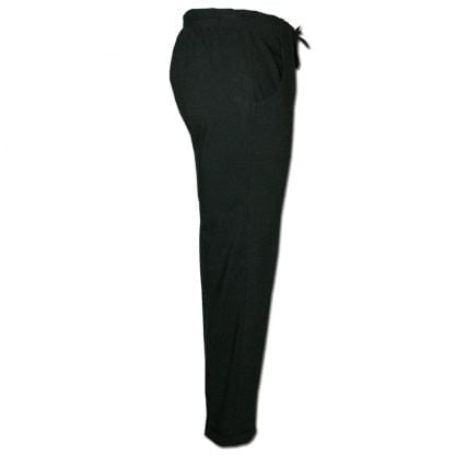 Jogger Chinos in Black made from a thick stretch fabric with an elasticated waist with pull tie. front pockets and a straight leg with a hem turn-up. Side view