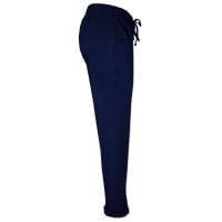 Jogger Chinos in Navy made from a thick stretch fabric with an elasticated waist with pull tie. front pockets and a straight leg with a hem turn-up. Side view