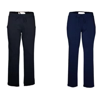 Jogger Chinos in Navy and Black made from a thick stretch fabric with an elasticated waist with pull tie. front pockets and a straight leg with a hem turn-up. Front view