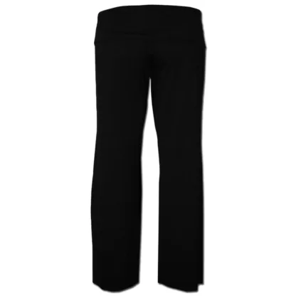 Easy wearing stretch knit pants in black with a wide leg and more fitted top leg and a wide double foldover waistband. Back View