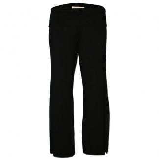 Easy wearing stretch knit pants in black with a wide leg and more fitted top leg and a wide double foldover waistband. Front View