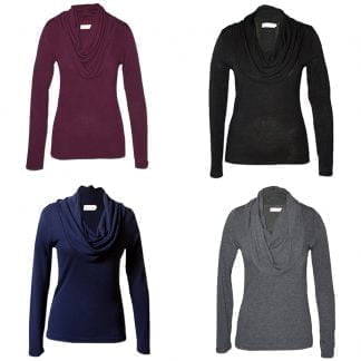 Nucleus Cowl Neck Special, buy 2 and get a discount. Cowl Neck Jerseys are knit long sleeve tops with a draped cowl and come in Berry, Navy, Black and Charcoal Melange