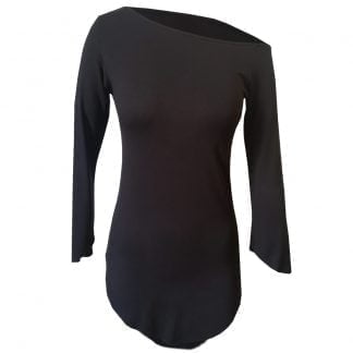 Off-shoulder top on one side. Long Sleeves and Hip length rounded raw hems. in black stretch knit fabric. Front View.