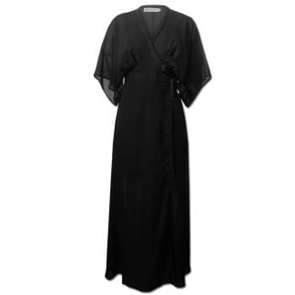 Nucleus Balcony Dress in Black is a chiffon wrap maxi dress. It has a long waistband tie, is fully lined. The top is a cross-over with kimono like sleeves. The full skirt is beautiful and dramatic. FrontView.
