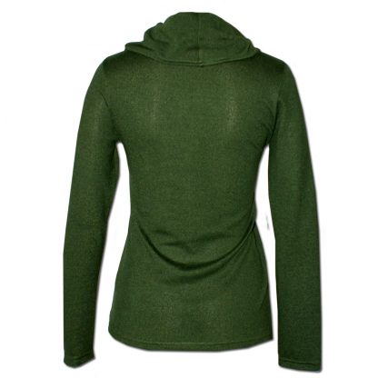 Nucleus Cowl Neck Jersey in Olive is a semi-fitted jersey made from a lightweight Knit fabric. It has long sleeves and a long body. The cowl neck drapes around the front. Back View