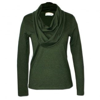 Nucleus Cowl Neck Jersey in Olive is a semi-fitted jersey made from a lightweight Knit fabric. It has long sleeves and a long body. The cowl neck drapes around the front. Front View