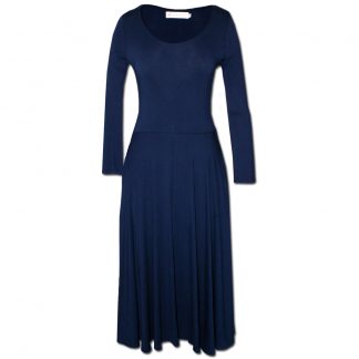 Nucleus Dance Dress in Navy is a beautiful flared dress with a fitted top, round neck and long sleeves. The full skirt flares from the waist and hits below the knee, has side pockets too. Front View