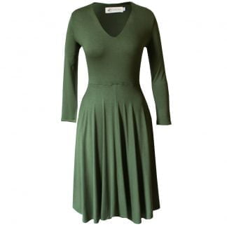 Nucleus Serendipity Dress is a fit and flare midi dress with a full circle skirt and pockets made from a stretch Viscose Lycra Knit. Front View.
