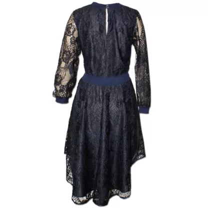 Back View of the Nucleus Femist Dress in Navy Lace, showing the 2 button closure of the keyhole back opening in the Neck band. A perfect dress for all occasions