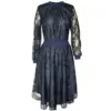 Nucleus Feminist Dress in Navy Lace front view is an Occasion dress for weddings and cocktail parties which is a Midi Style and has a pulled in waist, neck and cuff made from cotton rib