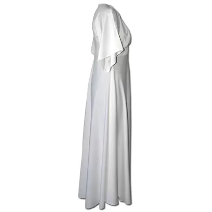 Side profile of a long length cream dress for special ocassions