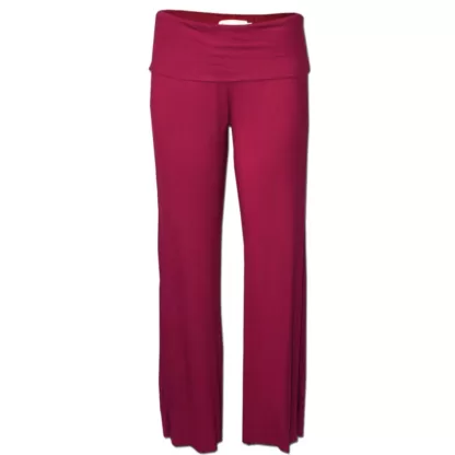 Front View of Nucleus Clothing Womens Pull on Loungwear Leisure pants made from Stretch knit fabric with a fold over elasticated waistband in a Wine Colour