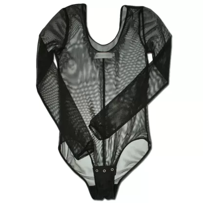 Nucleus Vamp Mesh Bodysuit in Black Mesh Flat View. This is a fitted sheer bodysuit made from mesh and can be used as Lingerie or as clothing. It has long sleeves, press-stud closures, Viscose gusset and sexy seams.